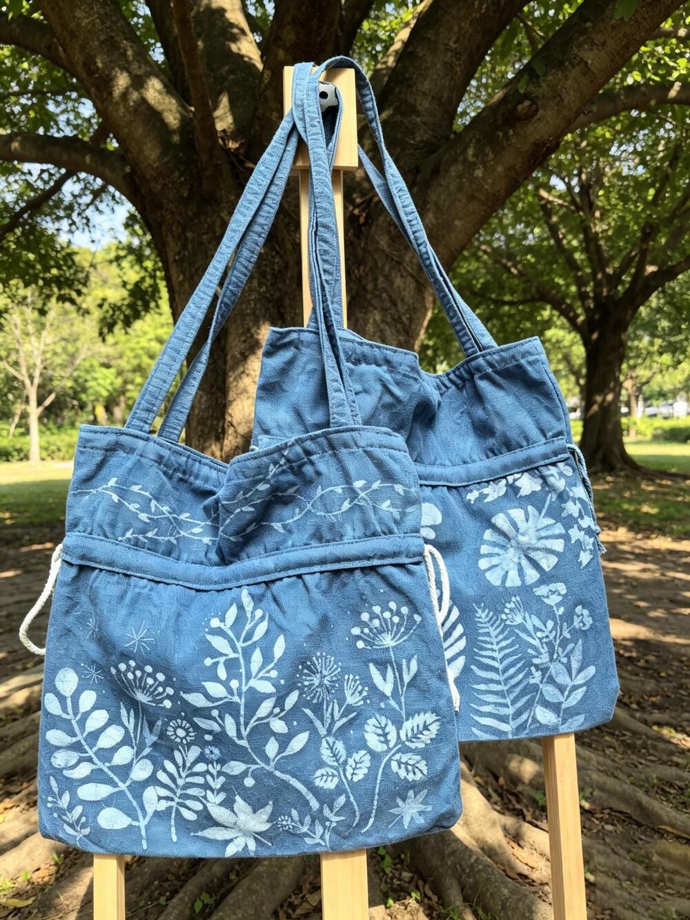 Handmade Cotton Tote Bag | Indigo Batik Botanical Tote | Wildflower Market Bag